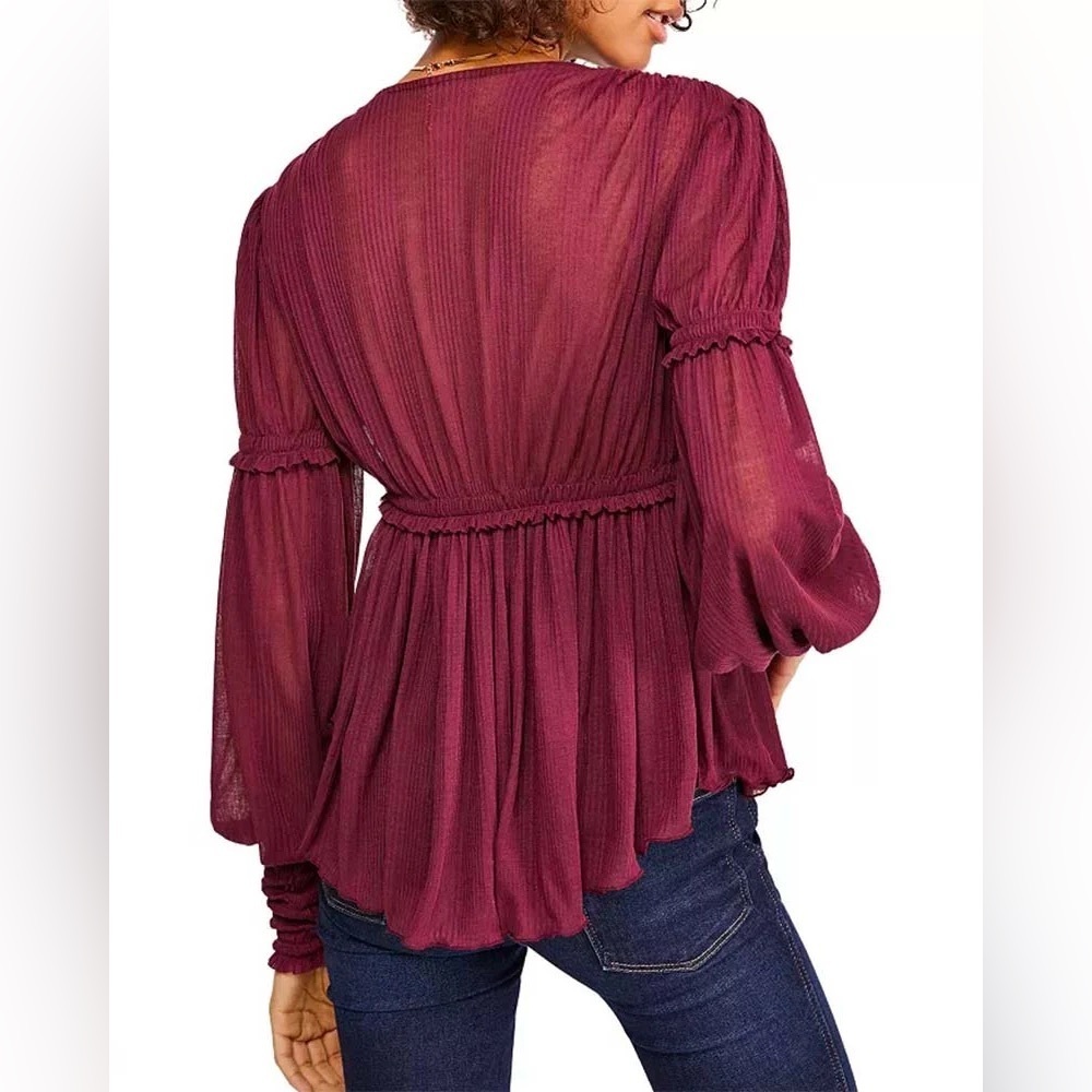 Revolve Free People Day Dreaming Ruffled Balloon Sleeve Top small burgundy - Picture 2 of 5